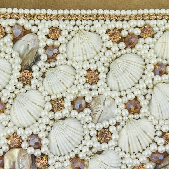 Women Summer Seashells Suede CZ Stones Clutch Bag Purse Wrist Crossbody Strap - Picture 3 of 7